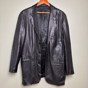 Bally Men Black Leather Jacket Sz 44 Made Italy 3-Button Lined Pockets Old Money